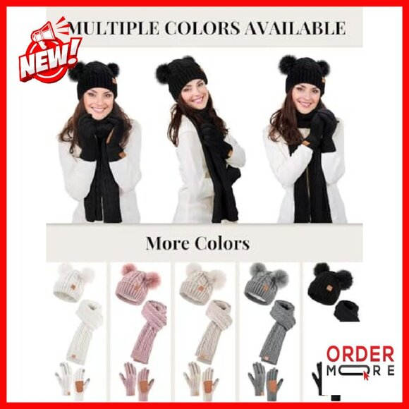 Fleece Lined Beanie Scarf Gloves Set Touchscreen Winter Accessories - Picture 7 of 8